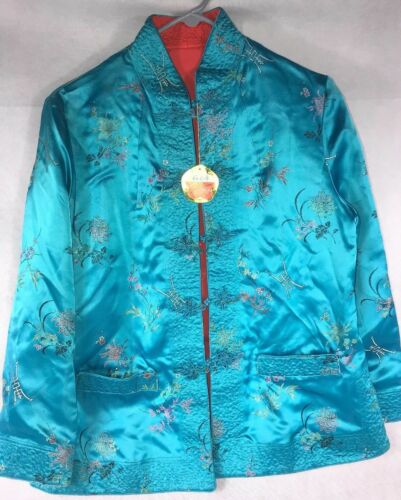 AMAZING CHINESE Robe Coat Embroidered Blue Silk Vintage “PLUM BLOSSOM