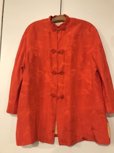 Vintage Dynasty Made In Hong Kong Red Orange Silk Kimono 100% Silk Sz M/L Jacket