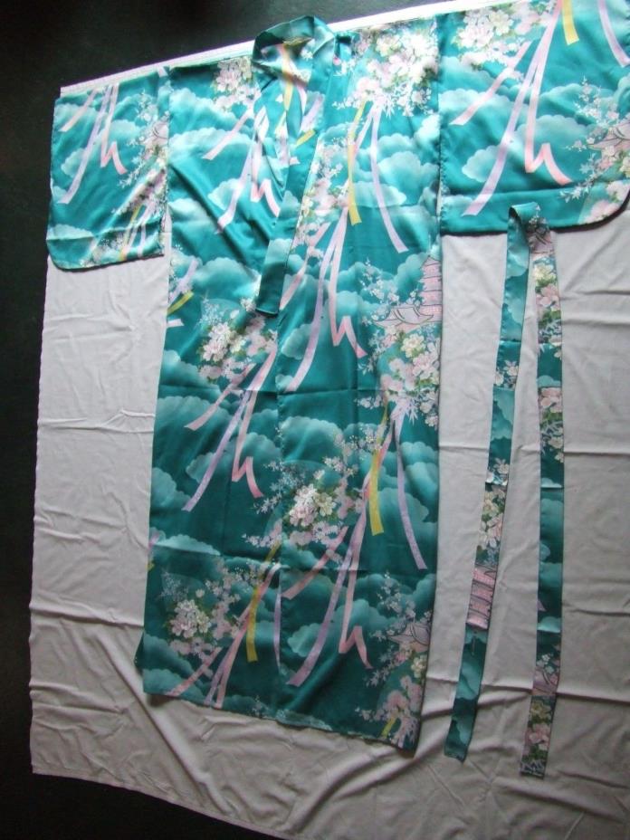Vtg. Japanese Kimono Robe Belted Blue Floral Pagoda One Size Japan Satin EUC r1