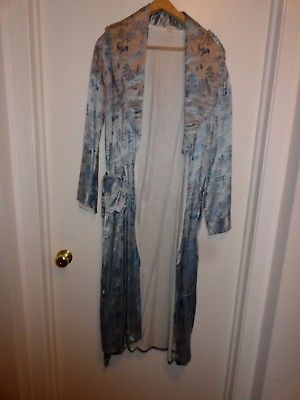 Blue Silk Lined Oriental Robe Long Deer & Forest Design  - preowned