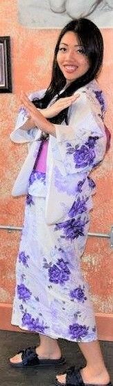 Traditional Japanese Women's Yukata Kimono Purple Peonies Obi Included 4 PC Set