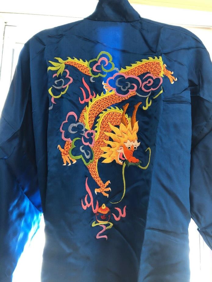 Gorgeous Vintage Dragon Kimono Blue Silk Embroidered Good Luck Chinese Robe XL