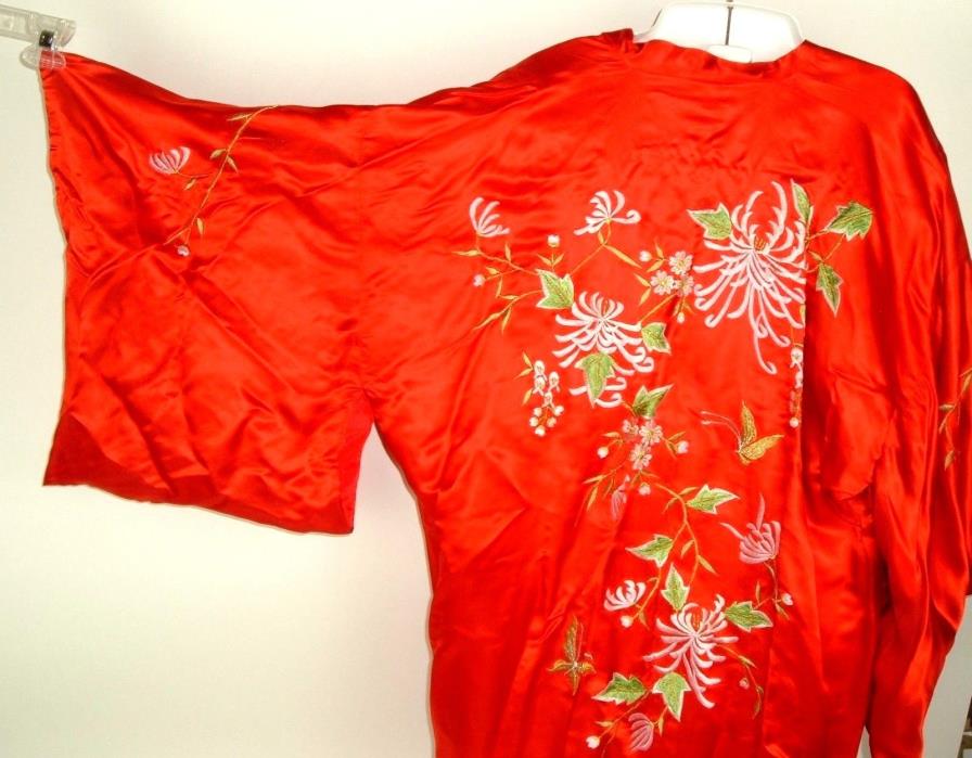 Vtg Silk Blend Embroidered Kimono High Class Garment Manufacturing Red Free Sz