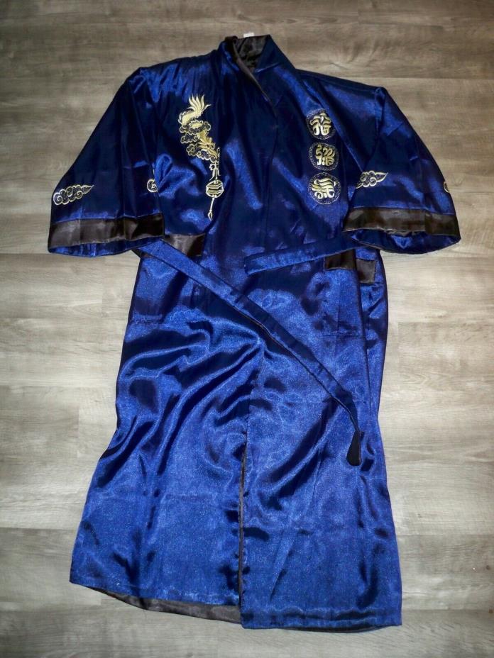 Antique Vtg Midnight Asian Robe Gown KIMONO EMBROIDERED Silk Dragon Reversible