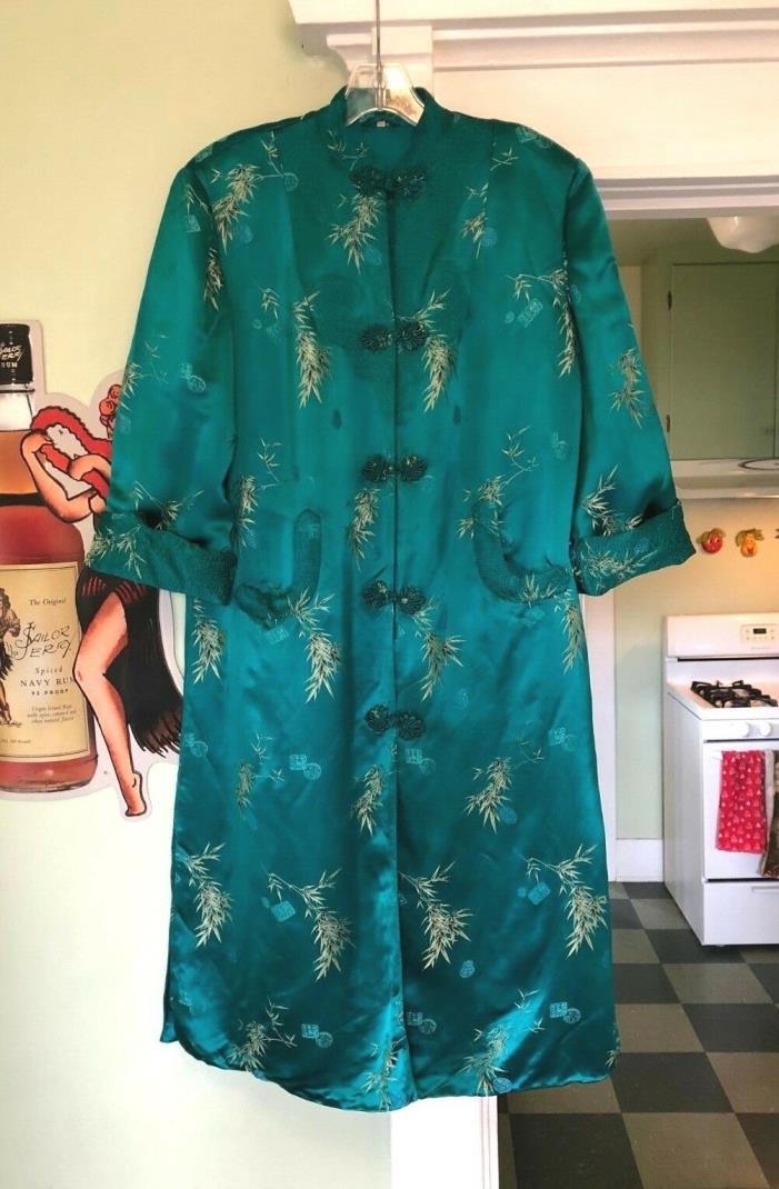 Chinese Robe Asian Brocade Retro Chinese Teal Green Gold sz 40 Large LINED Silky