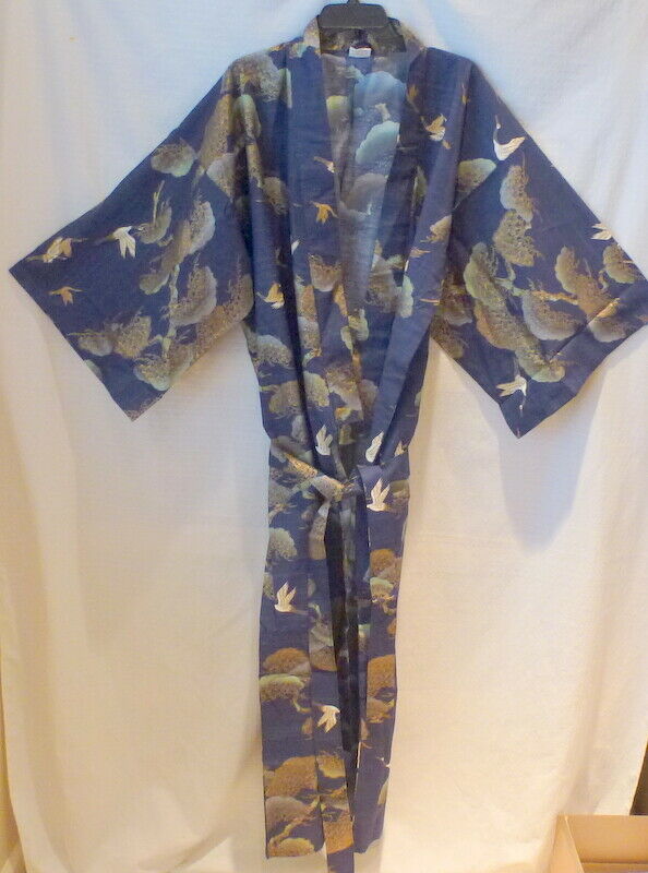 Oriental Bazaar Kimono Robe Made Japan Blue with Gold Cranes Birds 61