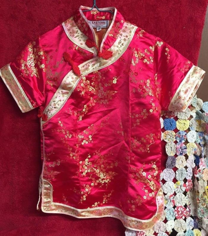 Ladies Size 14 Red & Gold Silk/Satin Chinese Blouse Floral Fringe Asian Style