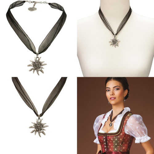 Bavarian Rhinestone Edelweiss Necklace BLACK Traditional German Dirndl Led