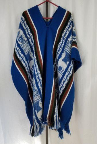 Ecuador handknit poncho adult alpaca native blue 100% wool