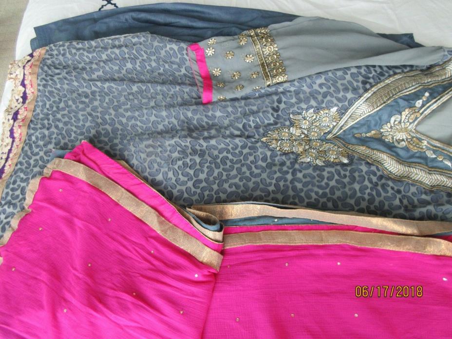 brandnew xL3 piece stiched gray&pink with  silver embriodery sal kam dup chiffon