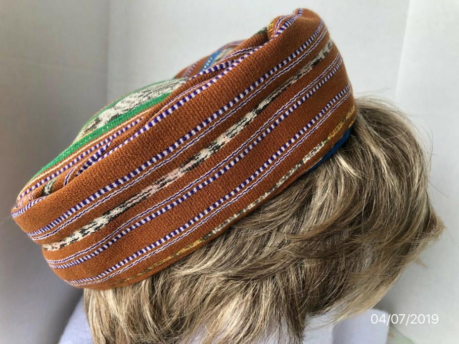 Vintage Ethnic Hat Prayer Beanie Boho Cap Reversible Kufi Mayan Hand Woven Look