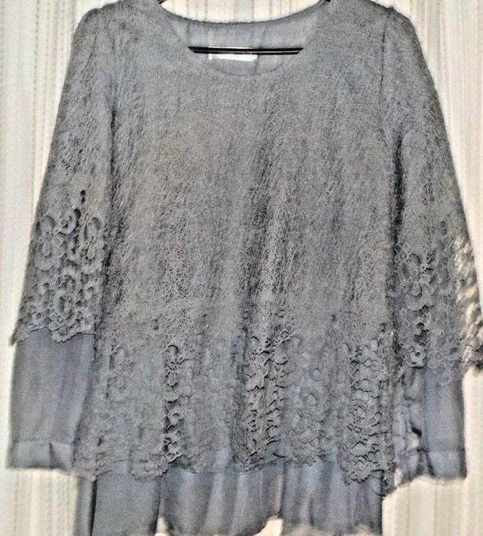Grey Oriental Blouse with beautiful webbing& Lace work allover made in Japan,L