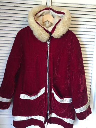 Vintage Handmade Eskimo Red Velvet Parka Mouton Hood Made In USA Women's Large