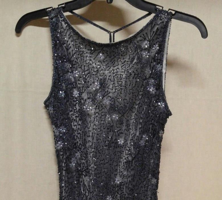 Stenay Women Sz 6 Formal Gown Black Silk Floral Bead Embellishment Silver Lining