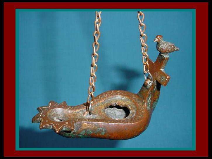 ANTIQUE ROMAN BYZANTINE INCISED BRONZE HANGING OIL LAMP w/ Bird perched on CROSS