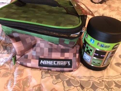 MINECRAFT Thermos Insulated Green & Brown Cube Lunch Box Bag + Food Jar New Kids