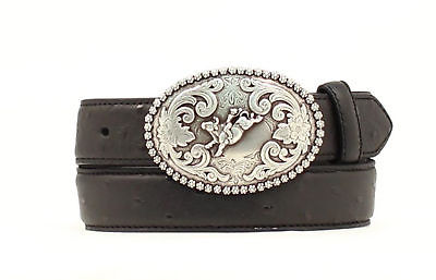 Nocona Black Leather Boys Ostrich Print Bull Belt 22