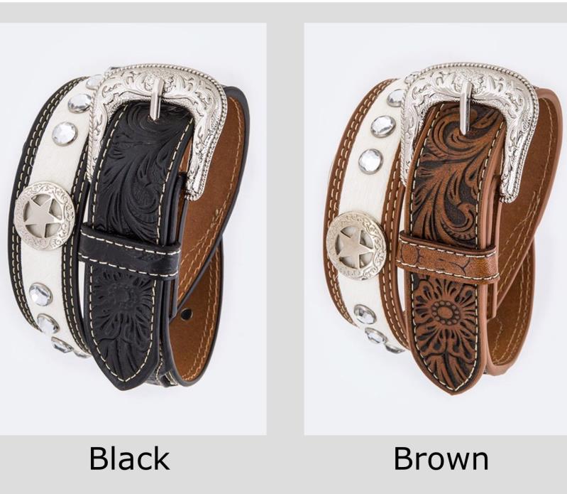 XS Kids Western Leather Belt fits 20-28 Waist - Clear Crystals & Star Conchos