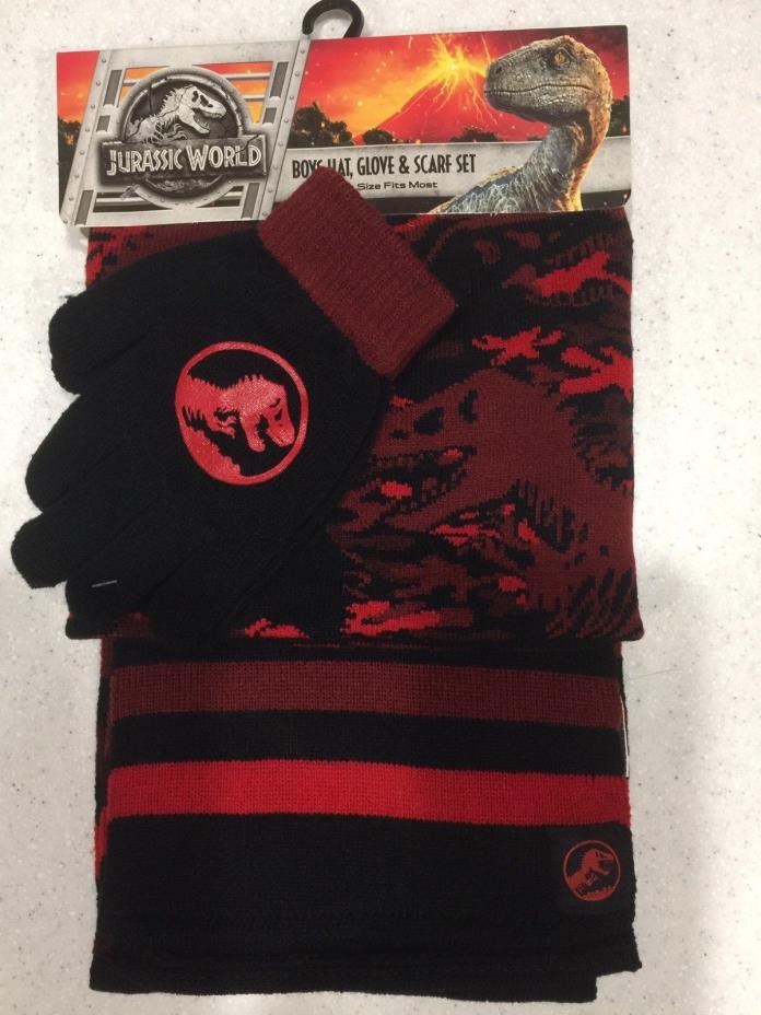 Jurassic World Dinosaur T-Rex Red Black Hat Glove Scarf Set for Boys