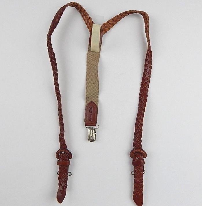 Boys Class Club Woven Braided Full Grain Brown Leather Y-Back Clip Suspenders