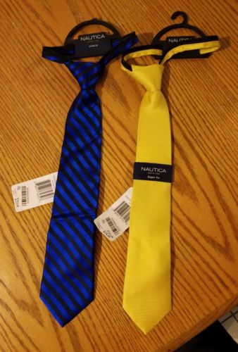 NWT Nautica Boys Zipper Tie ~ 100% Silk ~ Solid Yellow or Royal Blue Stripe