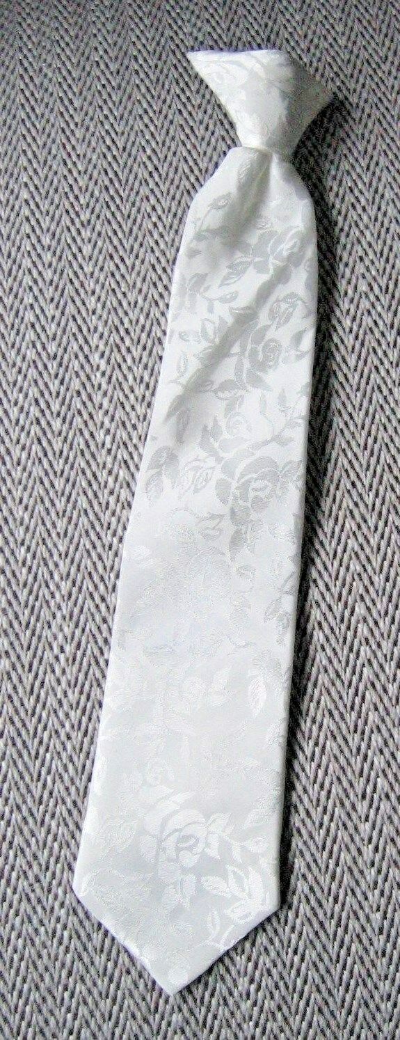 Boys Clip-On Tie Youth White Rose Pattern Wedding Communion 11 1/8