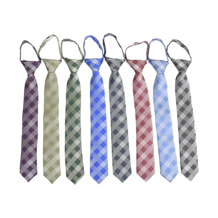 Boys Zipper Tie Checkered Satin Adjustable Teen Necktie Kids Wedding Neck Tie