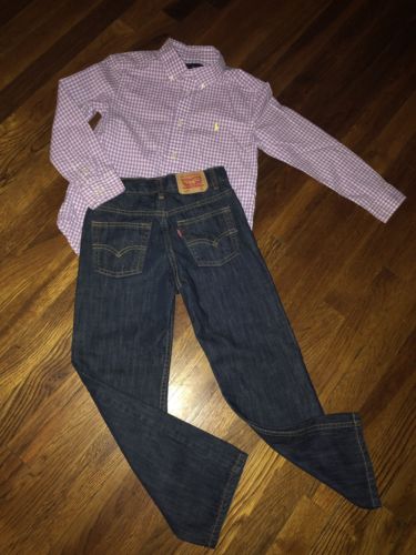 LOT OF TWO Boys Levi’s Blue Denim Jeans 7X & Ralph Lauren Shirt S 7 Outfit