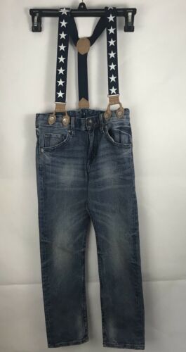 BOYS DENIM JEANS WITH SUSPENDERS SZ 6-7Y Blue Washed STARS