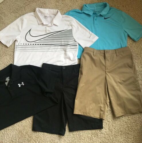 5 Pc LOT NIKE GOLF, UNDER ARMOUR YOUTH BOYS POLOS AND SHORTS