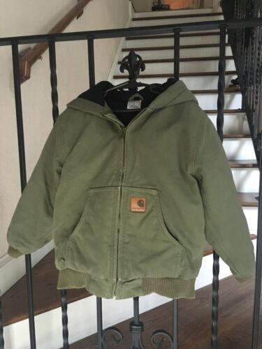 Nice! Little Boy's Size 7 Carhartt Jacket Heavy Insulated Hood Olive Green Warm