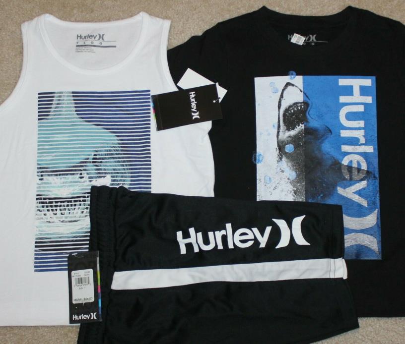New! Boys Hurley Summer 3 pc Lot/Outfit (2 Shirts, Shorts; Shark!) - Size 7