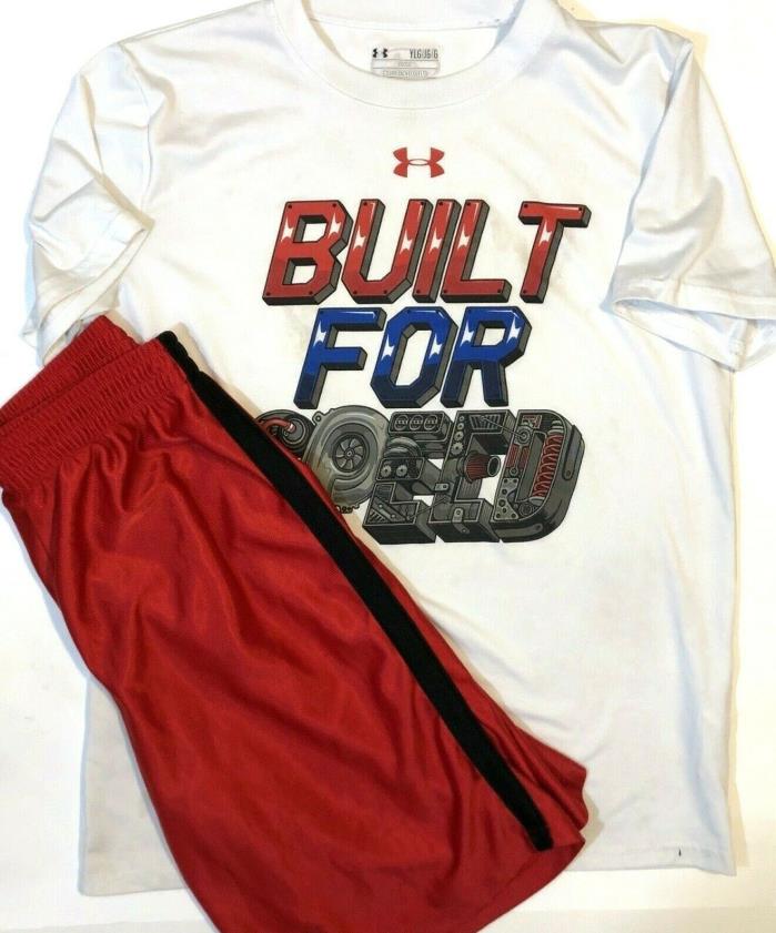 UNDER ARMOUR Boy's Heatgear Red Shorts Shirt Summer Outfit Size Youth Large