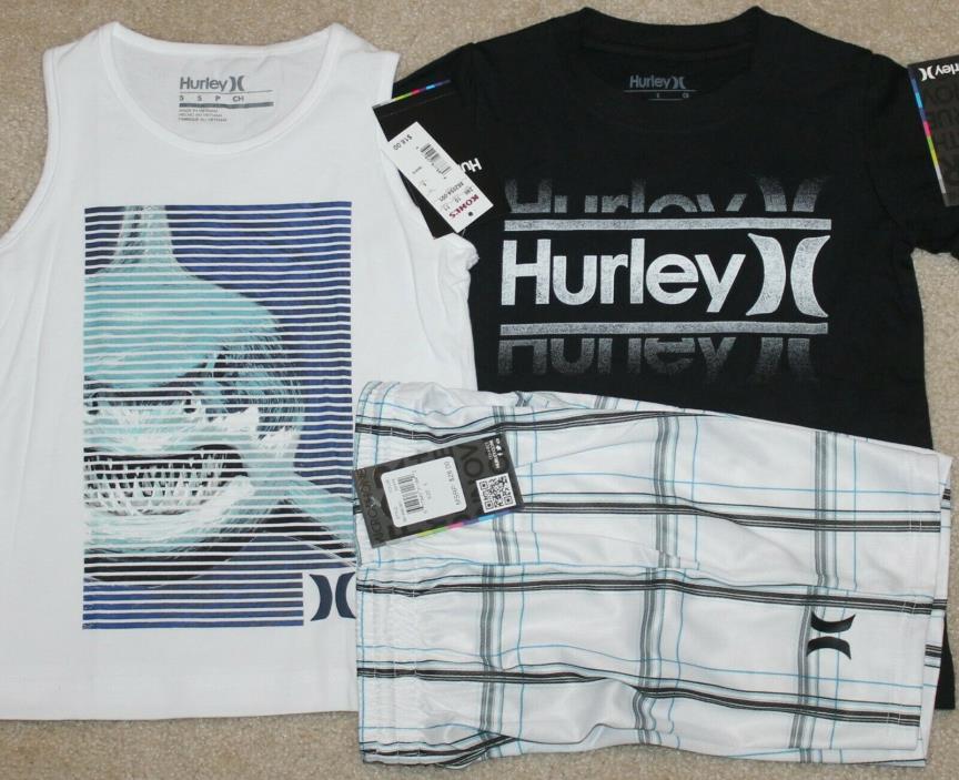 New! Boys Hurley Summer 3 pc Lot/Outfit (2 Shirts, Plaid Shorts; Shark) - Size 5