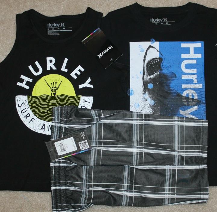 New! Boys Hurley Summer 3 pc Lot/Outfit (2 Shirts, Plaid Shorts; Shark) - Size 6