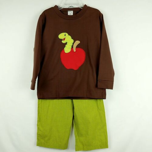 LA JENNS 4T BROWN/GREEN APPLE WORM PANTS SHIRT OUTFIT BOUTIQUE BOYS
