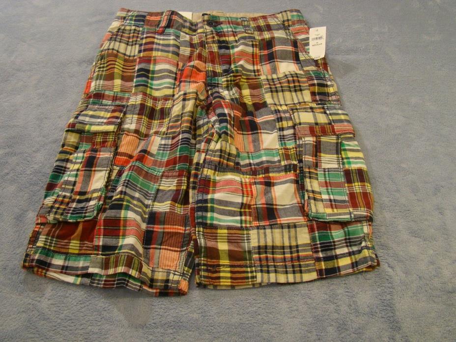 NWT GAP Kids Boys Madras Plaid Cargo Shorts Adjustable Waist Size 14 Regular