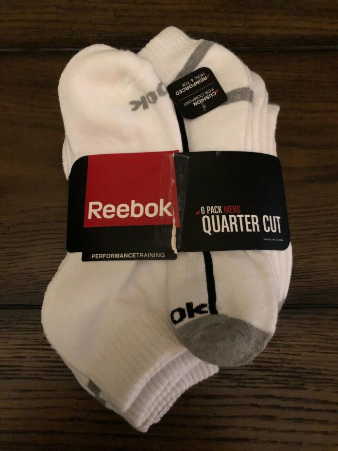 Reebok 6 Pack Men’s Quarter Cut Socks Size 6-12.5 White Performance Training