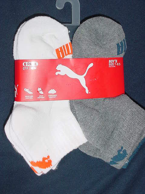 NEW! Puma Boy's Quarter Crew White/Gray/Blue 6 Pack Socks Size 7-8.5 Nice!!