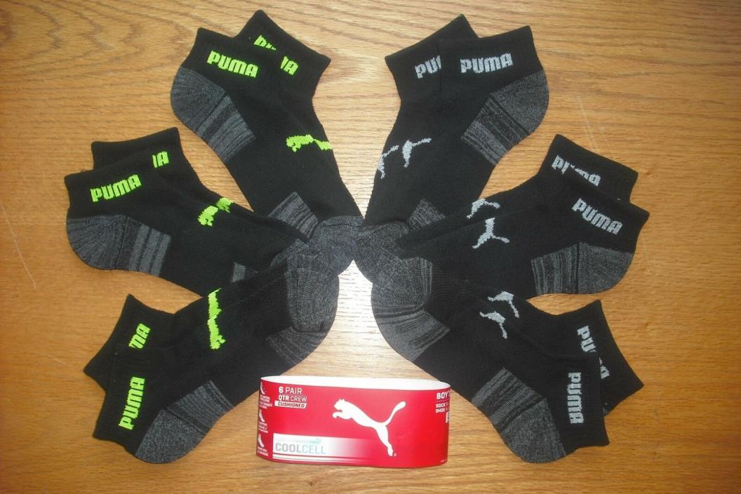 Boys/Pre-Teens NWT PUMA Quarter Ankle Socks 6prs Black Green Cushioned Ages 9-12