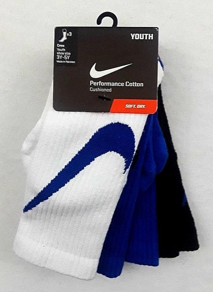 Nike Performance Cotton Crew Socks Boys Youth Size 3Y - 5Y White Blue Black