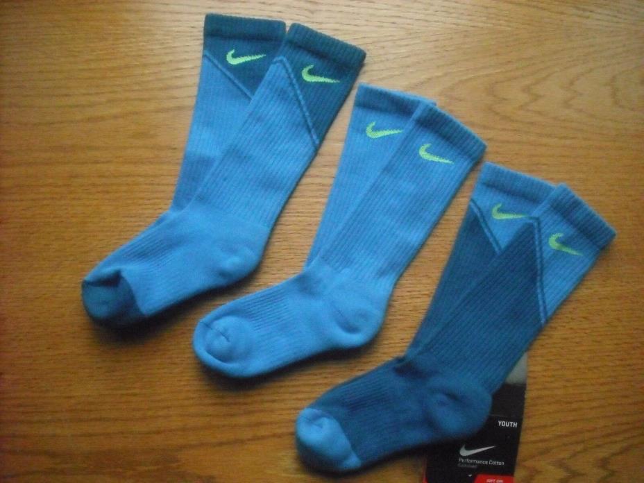 Boys NIKE NWT Crew Socks 3prs Blue Green Diagonal Cushioned Ages 5-7 (2Y-4.5Y)