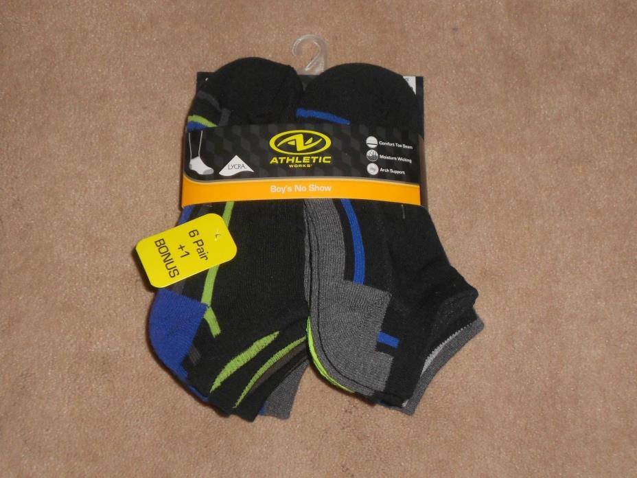 NEW, BOYS NO SHOW SOCKS, PACK OF 7, ATHLETIC WORKS, MEDIUM 9 - 2 1/2