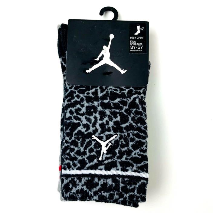 Nike Jordan Jumpman Socks Set Size 3Y-5Y Kids Black Grey Red High Crew 2 Pair