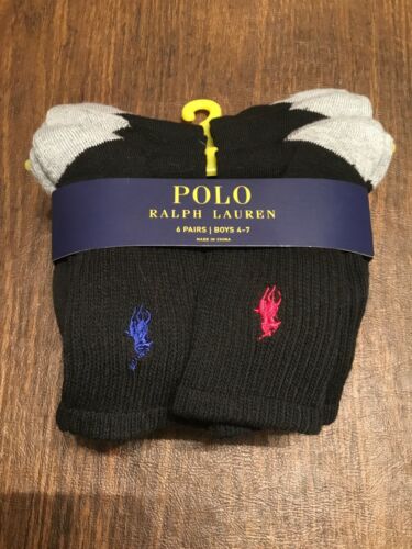 Ralph Lauren Polo Boys Socks Set of 6 NWT Black Size 4 - 7