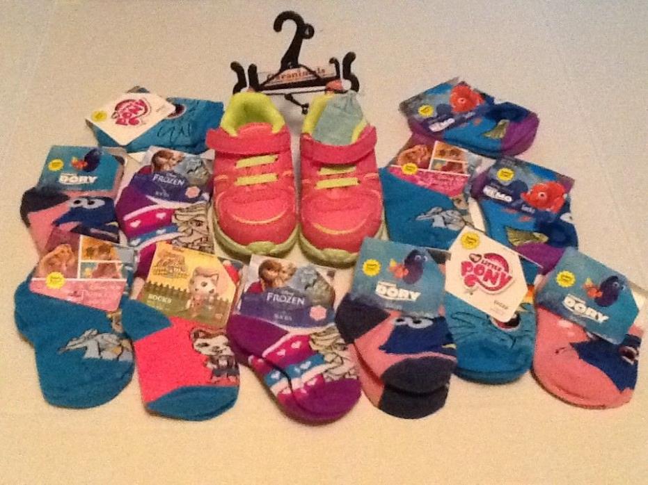 LOT OF13 NEW GIRL PINK & LIME GREEN SNEAKERS SIZE 4 AMERICAN 12 PAIR GIRLS SOCKS