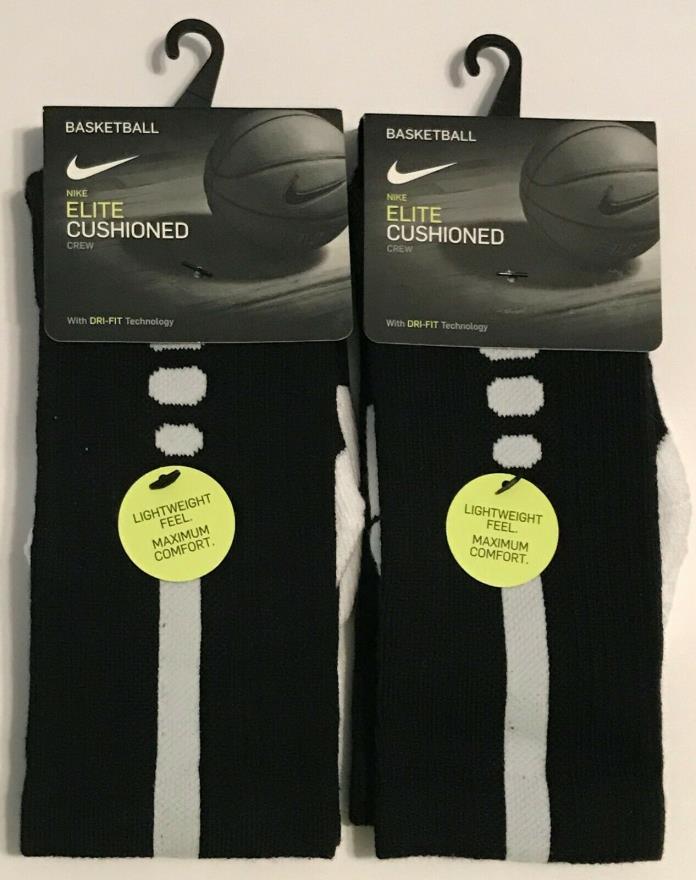 Lot of 2 NEW Nike Elite Cushioned Socks Small Youth 3-5 Black White w/ Dri-Fit