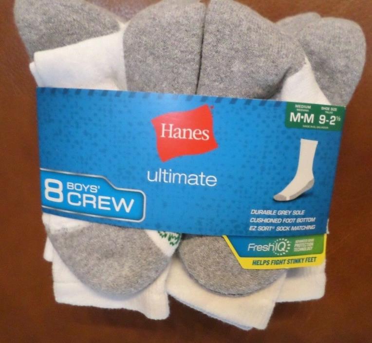 Hanes Ultimate Boys Cushioned Crew Socks 8 Pair Shoe Sz 9-2.5 Med White/Gray