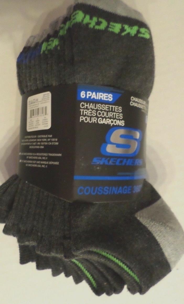 Skechers Boys No Show Socks 6Pr Shoe Size 4-9.5 Sock Size 9-11 Grays/Blue/Green
