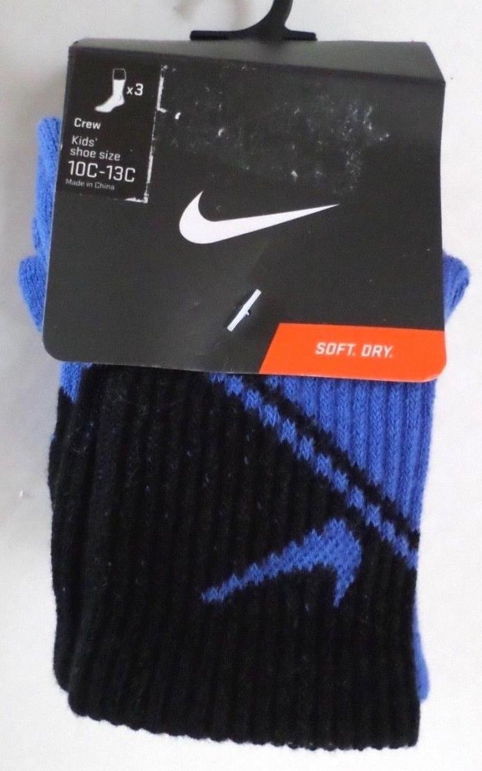 Nike Boys 3/Pr Crew Cushioned Sock Size 5-6 Shoe Size 10C-13C Comet Blue/Black